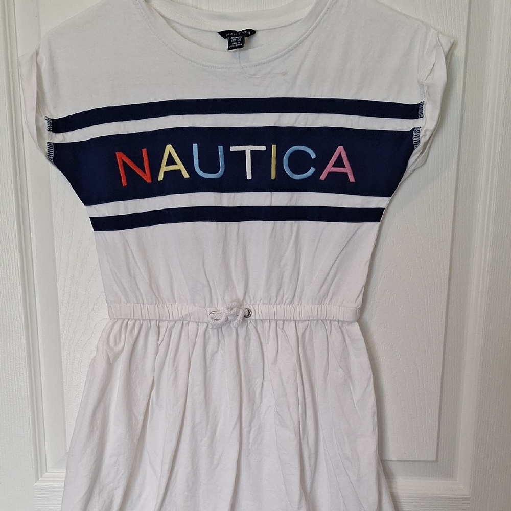 Nautica White Dress with Navy and Multicolor Logo